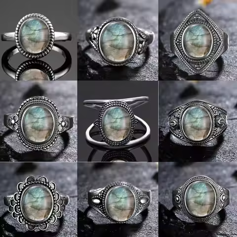 S925 Sterling Silver Ring Oval Round Natural Labradorite Ring Sun Shaped Retro Luxury Fine Jewelry Wholesale For Women Men
