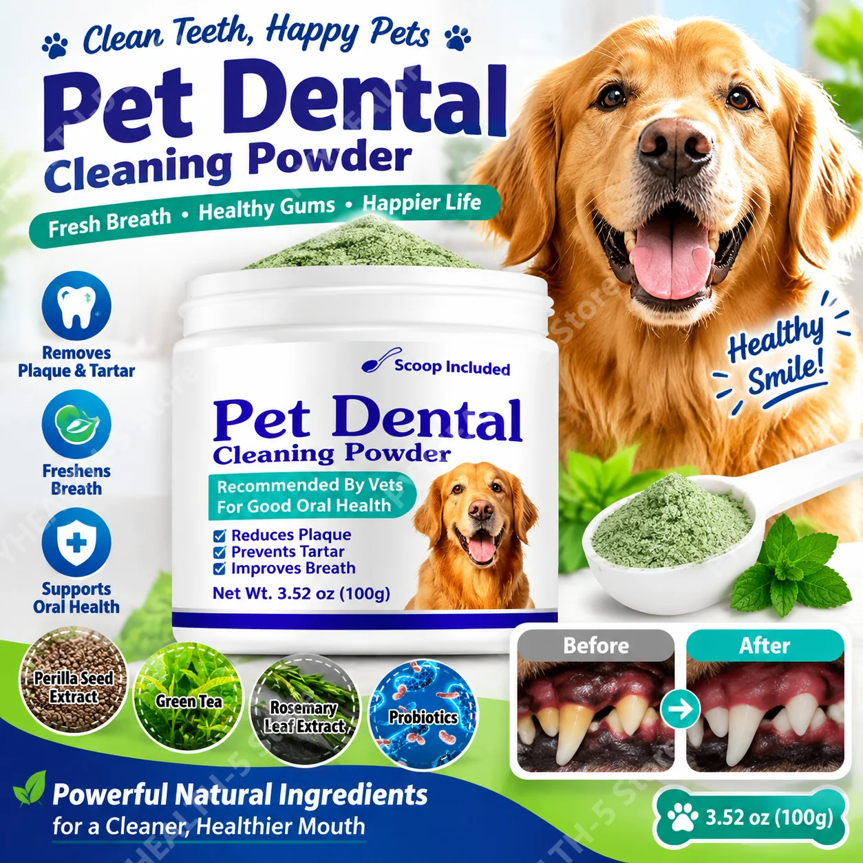Pet Dental Cleaning Powder for Dogs with Probiotics and Green Tea To Reduce Plaque, Prevent Tartar and Improve Breath - 100g