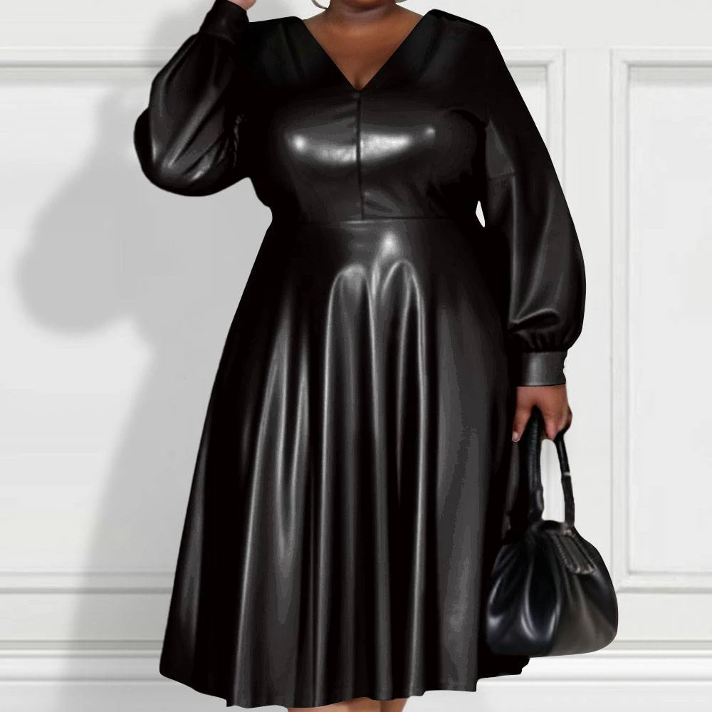 Robe mi-longue en cuir PU à manches longues et col en V, robes noires élégantes, manches lanterne, grande taille, automne, hiver, 03