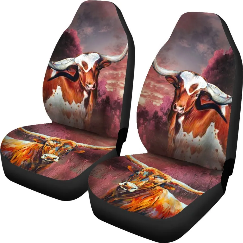 Texas Longhorn Cattle Print Car Seat Covers Set 2 Pc, Car Accessories Seat Cover