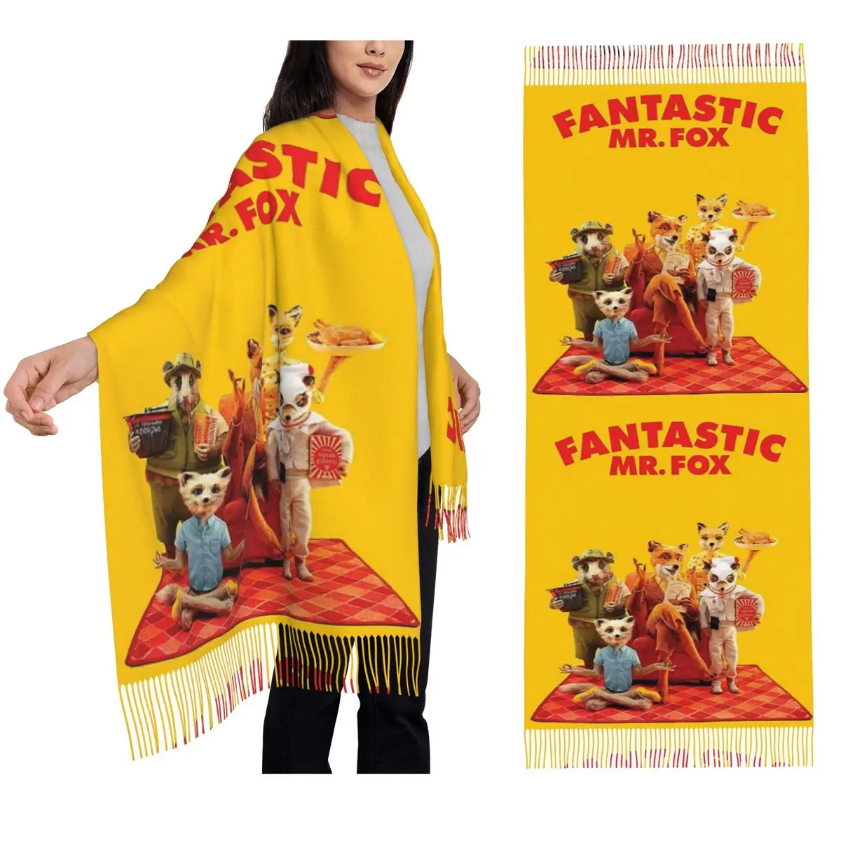 

Fantastic Mr Fox Movie Poster Scarf Tassel Scarves Women Soft Warm Shawls and Wraps Long Fall Winter Shawl Wrap