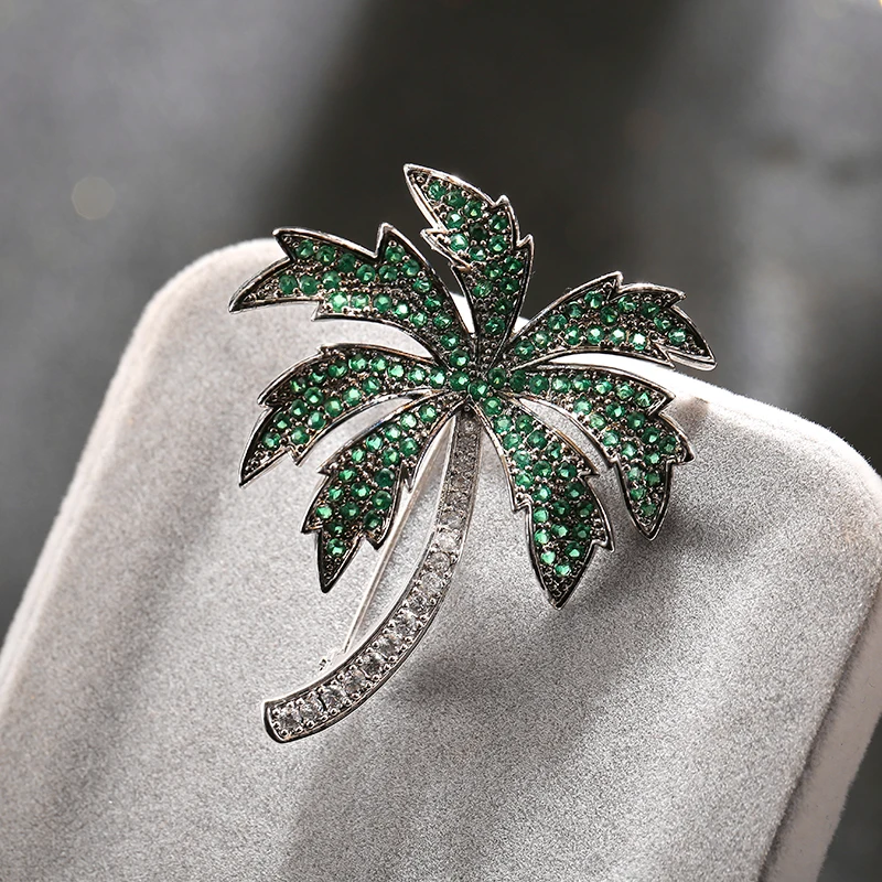 Full Green And Clear Zircon Coconut Tree Copper Lapel Pins Pretty Cocoa Palm Brass Brooches For Women Girls Dress Tuxedo Jewelry