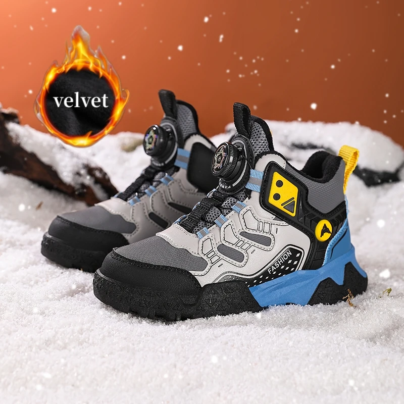 

Зимние теплые кроссовки для бега, детские зимние ботинки, уличная нескользящая детская спортивная обувь, бархатная хлопковая обувь с высоким берцем для мальчиков и девочек