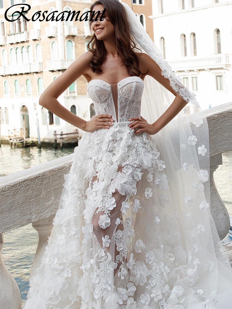 Newest Illusion 3D Flowers Sleeveless Wedding Dresses A-Line Sweetheart Appliques Lace Bridal Gowns Robe De Mariée