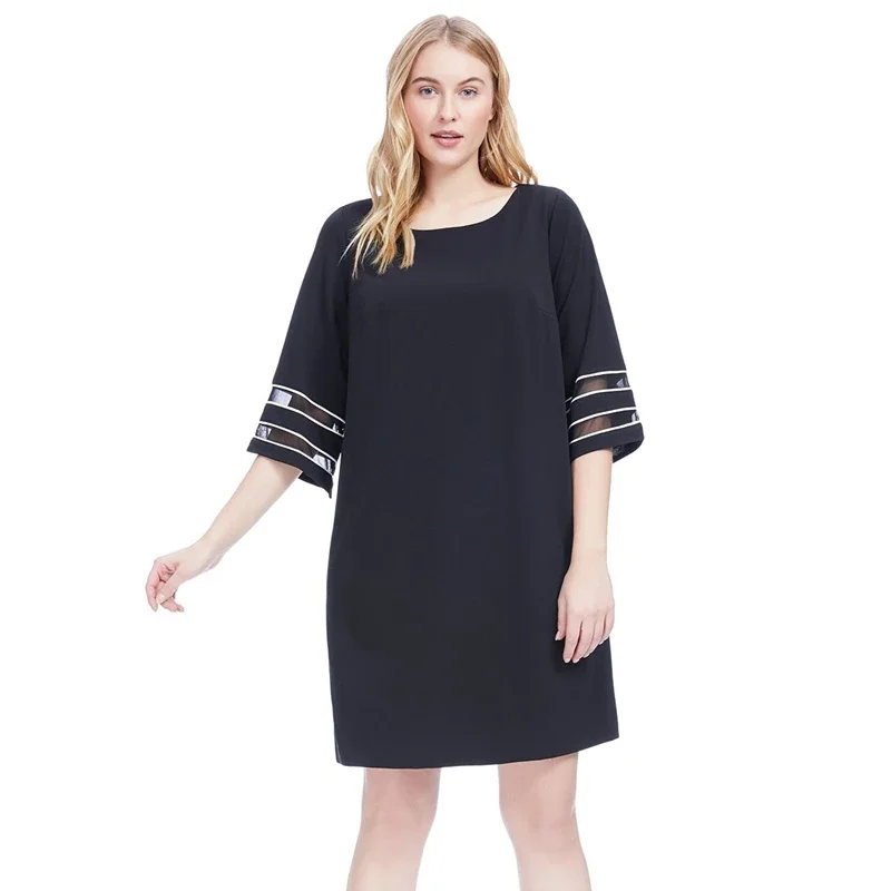 Plus Size 3/4 Sleeve Loose Summer Casual Shift Dress Black And White Elegant Tunic Dress Mesh Panel Large Size Straight Dress