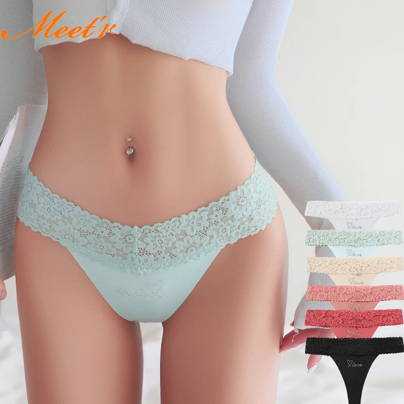 Meet'r Women’s Sexy Fashion Underwear Panties Lingerie G-string Thong with Rhinestone Lace Ice Silk Low Rise Breathable Tempt