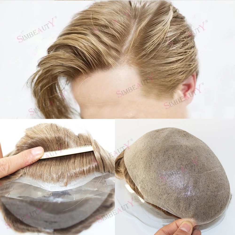 

Ultra Thin Skin Base Blonde Men Toupee Human Hair Wig 0.03mm Full PU Gery Mix Black Capillary Prosthesis Male Replacement System