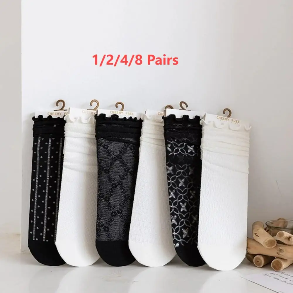 1/2/4/8 أزواج من الجوارب النسائية العصرية للربيع والصيف، جوارب طويلة من الدانتيل باللونين الأبيض والأسود Harajuku مكشكشة غير رسمية على شكل زهور حلوة