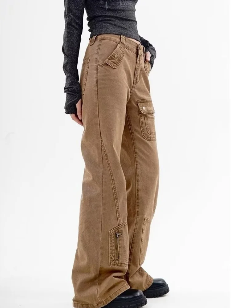 2024 Cyber Y2K Streetwear Zipper Khaki Slim Flared Jeans Cargo Pants For Women Clothes Multi Pockets Casual Lady Long Trousers