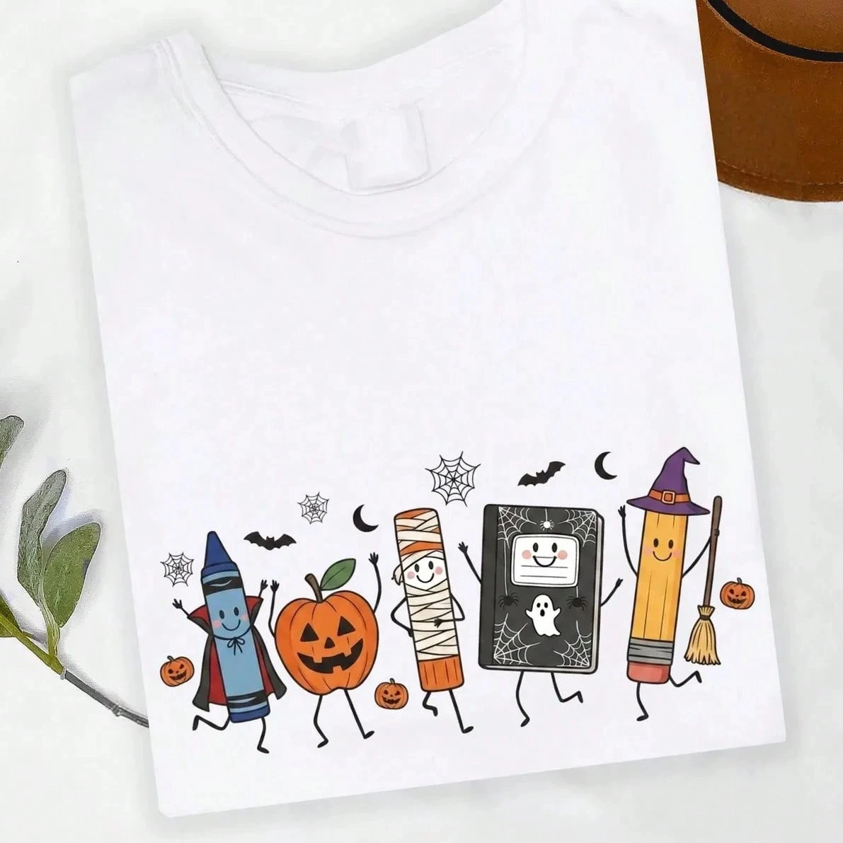 Halloween Back To School Pattern T-shirt Cute Pencil Notebook Pumpkin Print Short Round Neck Casual Campus Holiday T-shirt