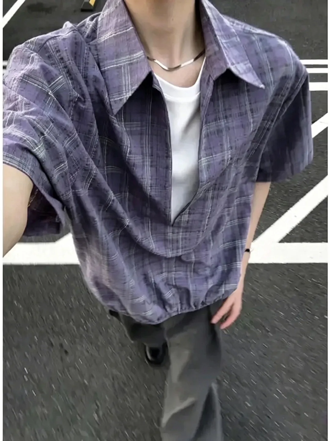 

Lazy Style Plaid Short Sleeve Men's Shirt American Style Trendy T-Shirt High-End Feel Collar Shirt Breathable Loose Fit Summer