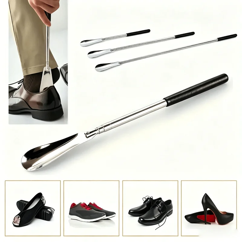 Telescopic Stainless Steel Shoe Horn Long Handle Soft Grip Shoe Lifter Portable Extended Shoe Helper Dressing Aid for Elderly
