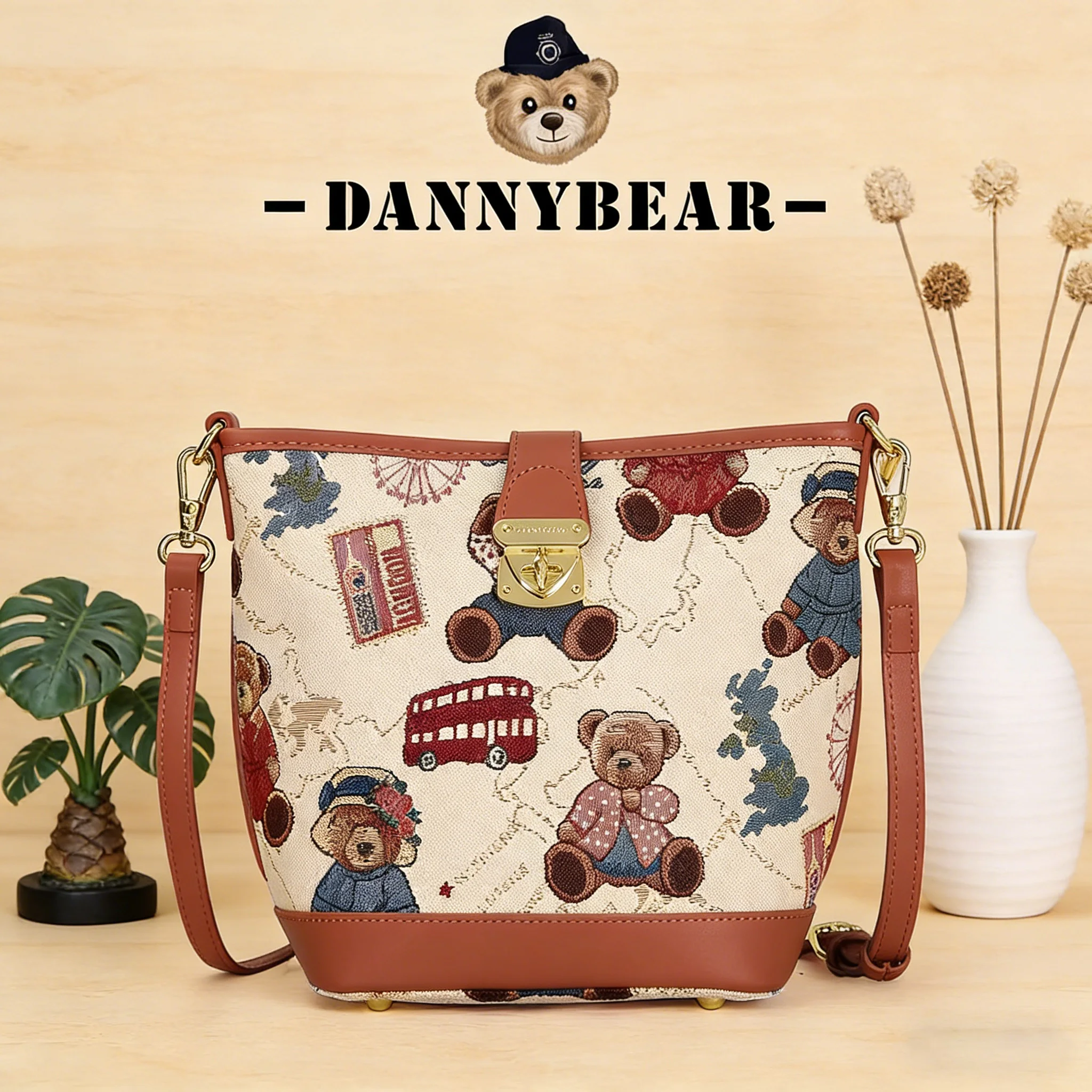 

Сумка-ведро с мультяшным медведем Дэнни, женская ретро-сумка через плечо из холщовой ткани с золотым замком, модная повседневная сумка-тоут для поездок на работу