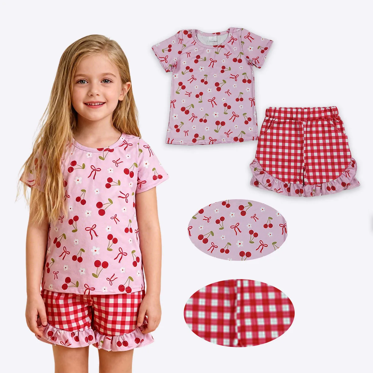 

Cute Baby Girl Cherry Flowers Top Kids Checked Ruffle Shorts Clothes Sets Children Clothing Infant Toddler Outfits Wholesale