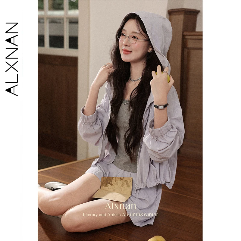 ALXNAN สีม่วงเสื้อฮู้ดสั้นซิปสายรัดหลวมเสื้อ 2025 ฤดูใบไม้ร่วงบางสบายๆเสื้อแขนยาวหญิง L56706