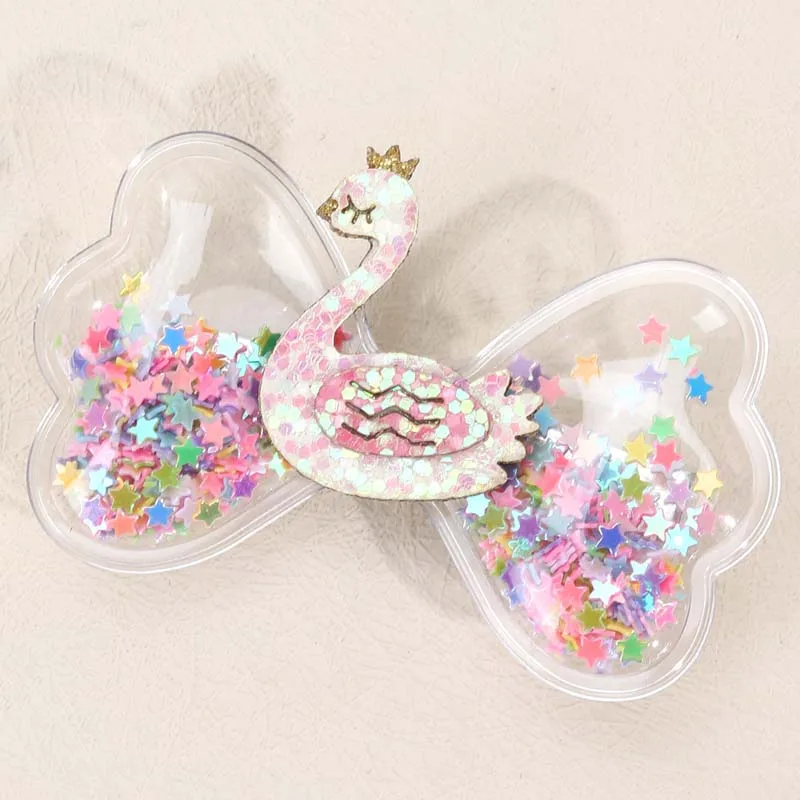 ncmama 2Pcs Rainbow Swan Unicorn Castle Star Hair Bow Clips for Baby Girls Transparent PVC Bow Hairpin Headwear Hair Accessories