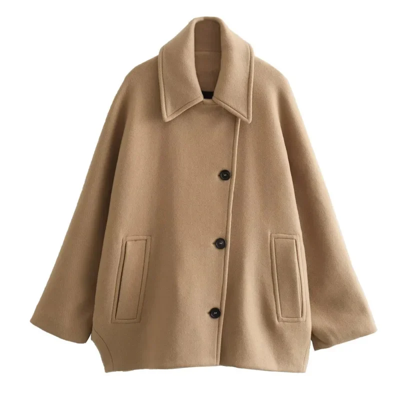 Women Woolen Jacket Single Breasted Loose Coat Turn Down Collar Long Sleeve Pockets Camel Autumn Winter Outerwear