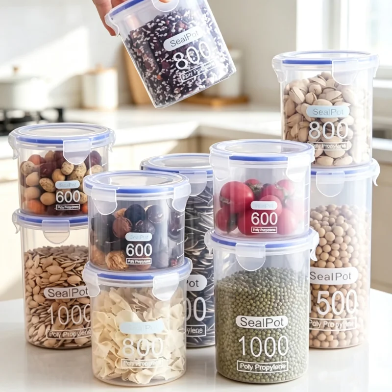 Clear Plastic Airtight Storage Canister Large Capacity Kitchen Grain Crisper With Scale Mark Spice Dry Food Sealed Container Jar
