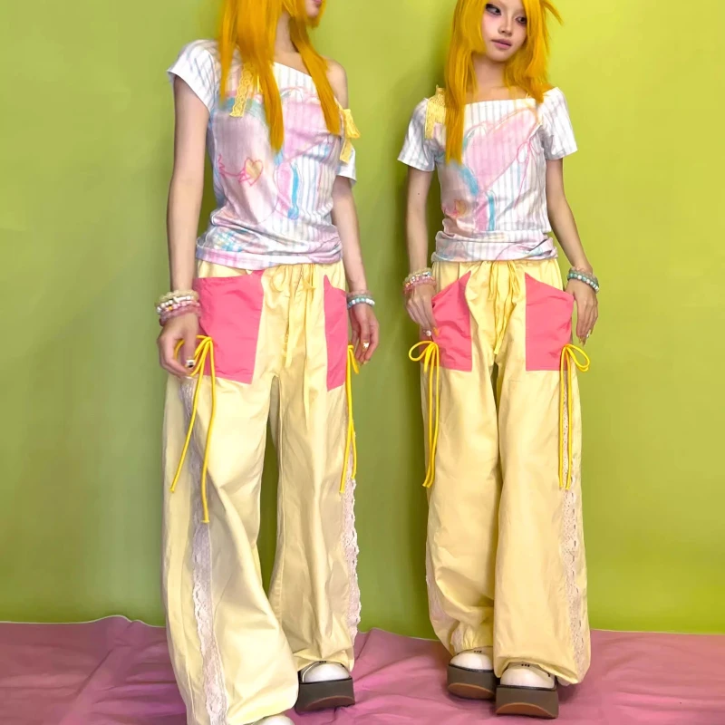 Original Design Sweet Yellow Lace Splicing Bowknot Women's Trousers Summer New Loose Slimming Versatile Wide-Leg Pants Ladies