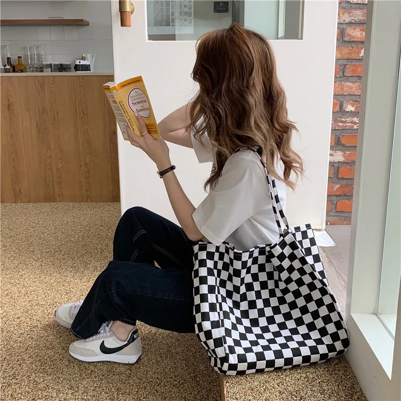 WEEQQ Black & White Checkerboard Canvas Bag Women Large-capacity Shoulder Bag Simple Student Hand bag Plaid Bag Tablet Cases pad