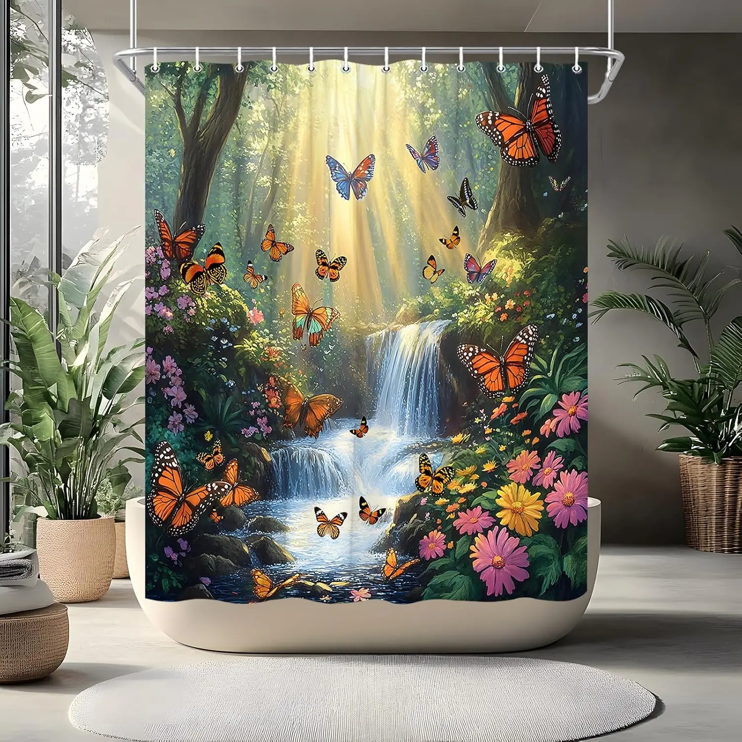 森の滝-シャワーカーテン-蝶-春-ジャングル-熱帯雨林-ワンダーランド-ファンタジー-トロピカル-おとぎ話の世界-花-ロマンチック