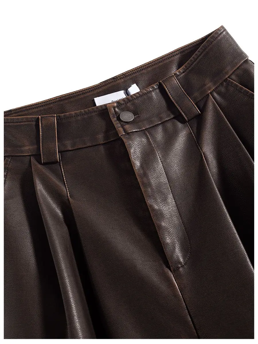 Maillard Retro Brown Pleated PU Leather Pants for Women New Autumn and Winter Styles High Waist Wide Leg Trendy Loose Pants