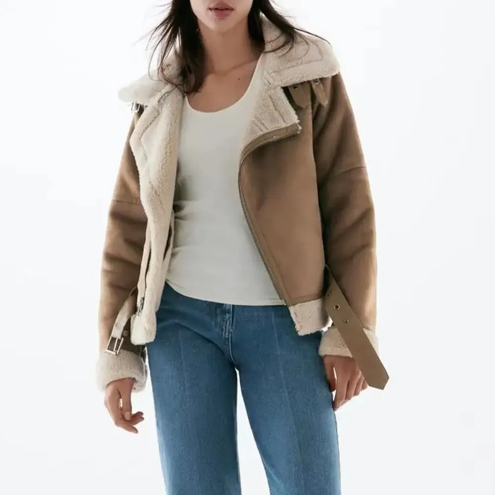 Women New Fashion With belt Warm Loose lambswool Jacket Coat Vintage Long Sleeve Side Pockets Zipper Female Outerwear Tops