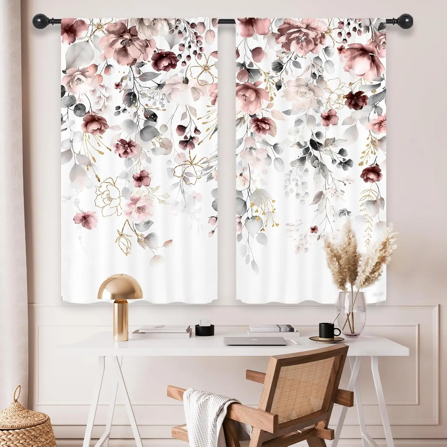 Watercolor Floral Blush Pink Print Curtains for Living Room Bedroom Window Treatment Romantic Home Decor
