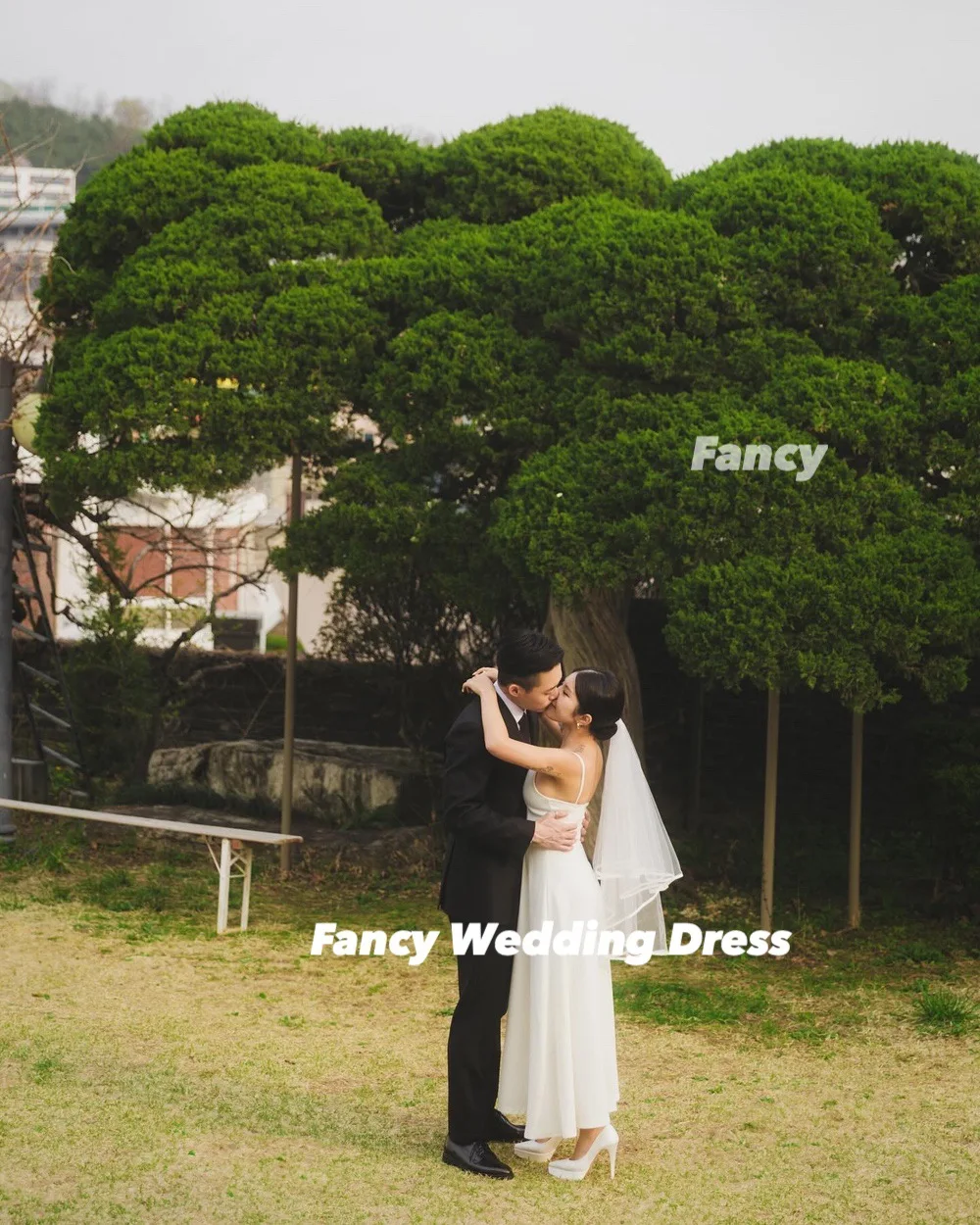Fancy Simple O Neck Korea Wedding Dress A Line Elastic Satin Bridal Gown Tea Length Back Corset Customized
