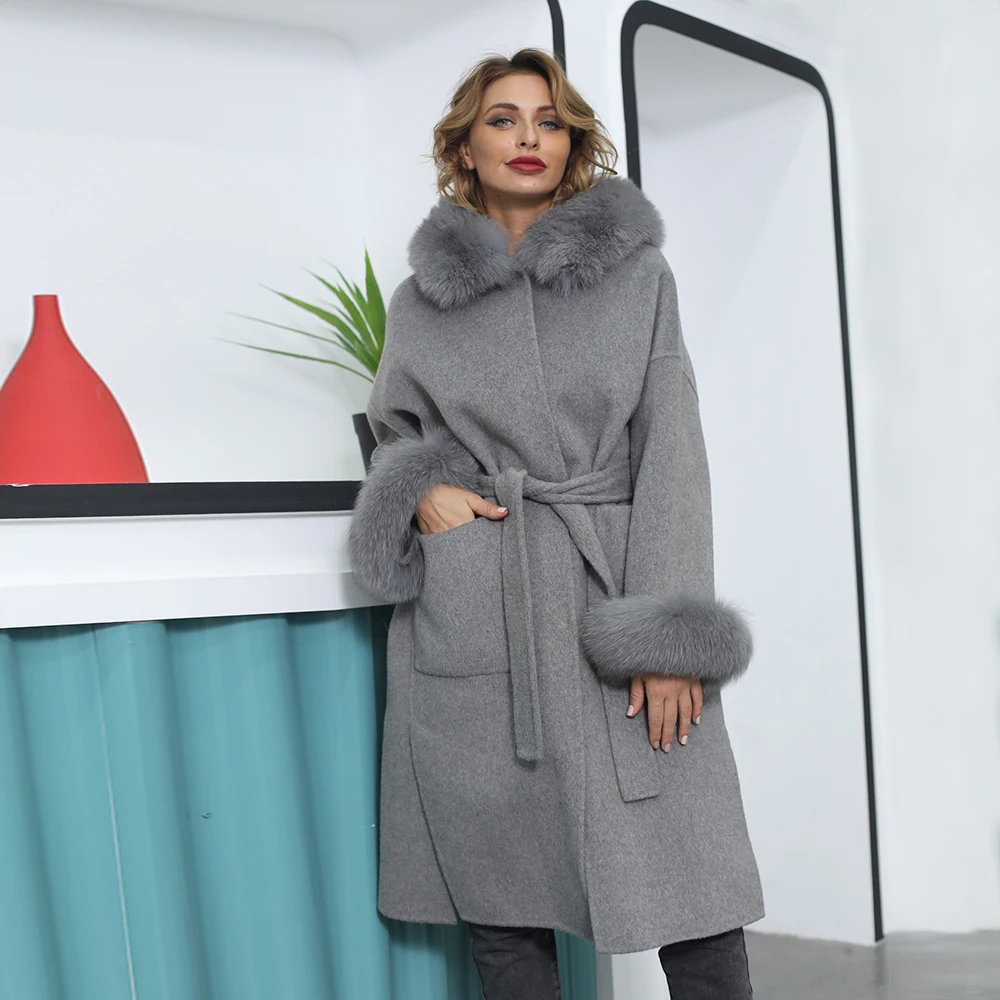 

Thicken Cashmere Wool Coat Hooded Real Fox Fur Coat Woolen Overcoat Outerwear Female