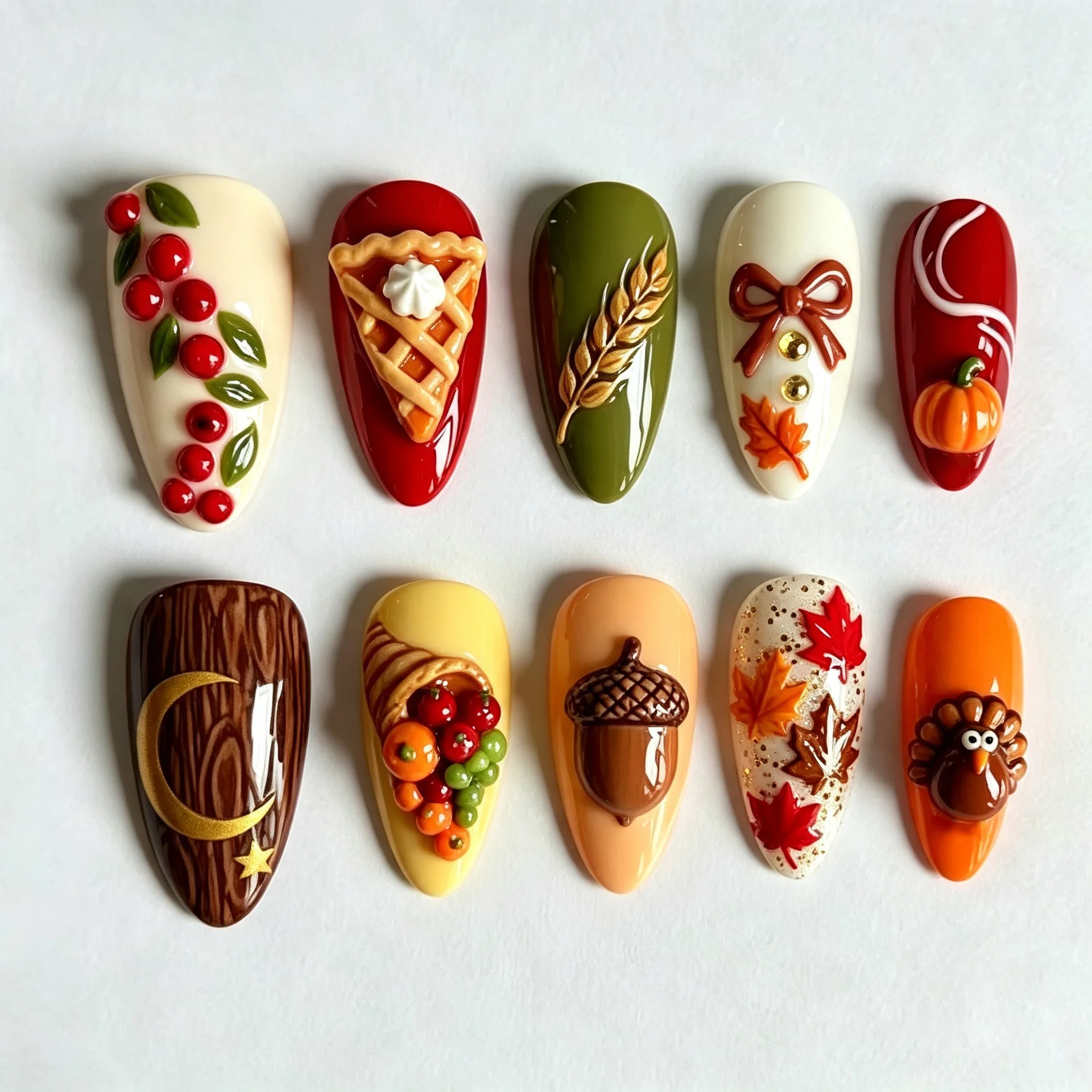 30Pcs Fall Press On Nails Pumpkin Turkey Acorn Maple Leaf Pie Berry Bow Fake Nail Short Almond False Nail For Women&Girl