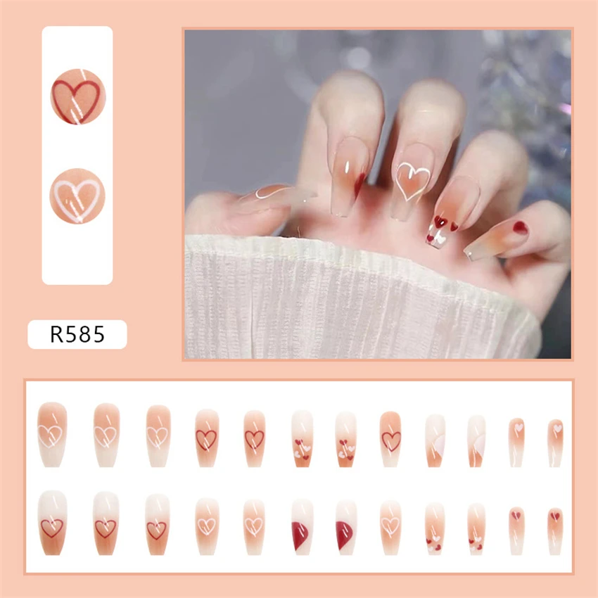 24Pcs/Set Peach Peach Halo Design Art Fake Nail Pieces Fashion French Acrylic Press on Nail Full Cover Wearing False Nails Tips