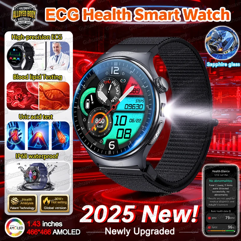 

2025New ECG Heart Health Smart Watch Men 1.43'' Sapphire Screen Uric Acid Blood Lipid Pressure Clock Call Waterproof Watch Women