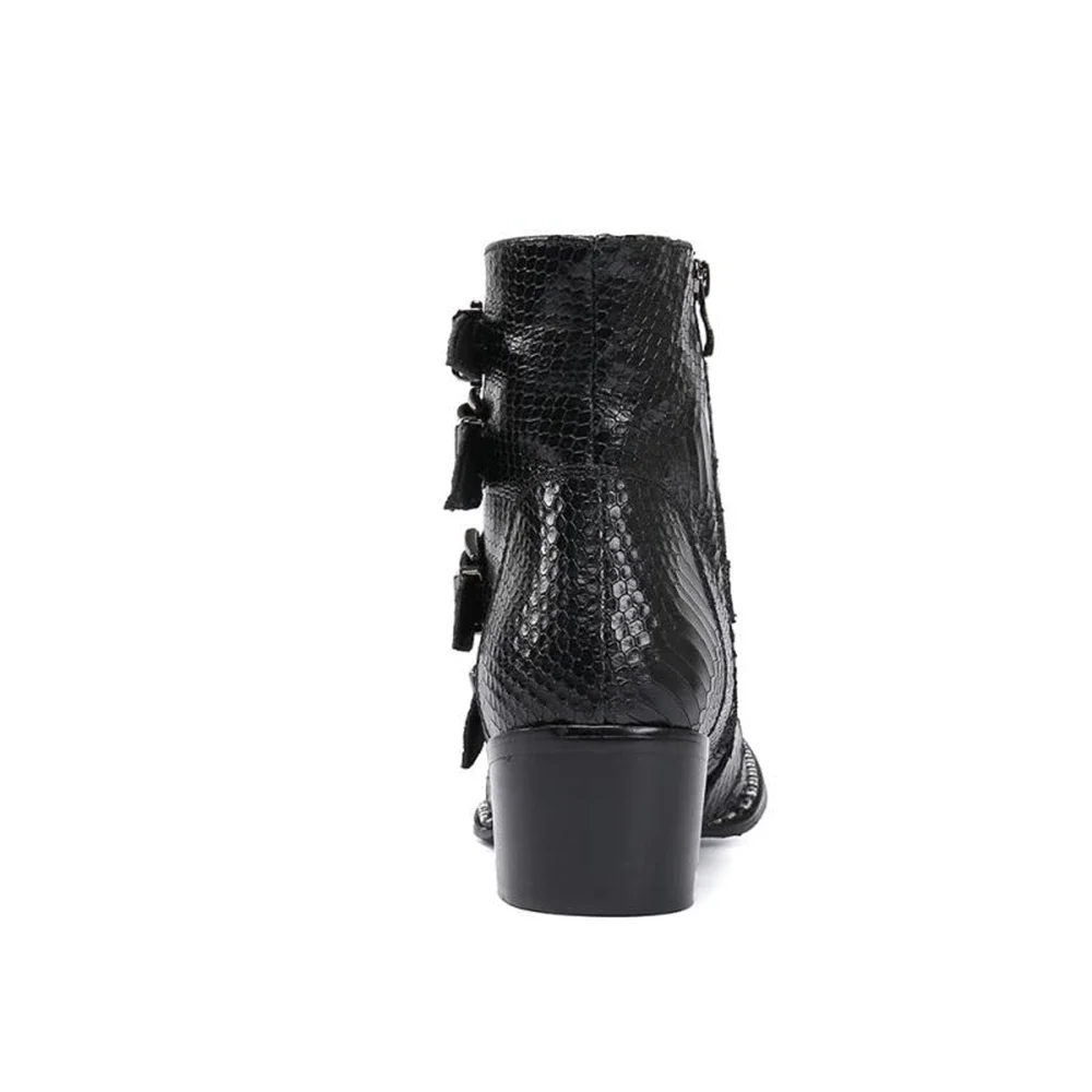 Genuine Leather High Heels Pointed Toe Black Boots Male Plus Size Metal Buckle Lace Up British Style Wedding Motorcycle Shoe