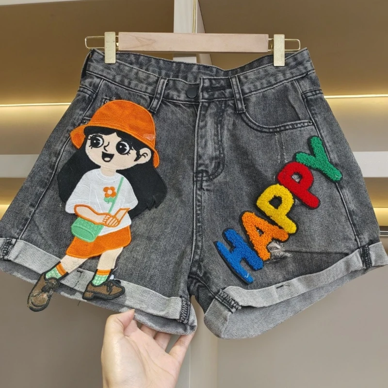 

Women's Summer Heavy Duty Denim Shorts, High Waist Thin Embroidered Cartoon, Loose Straight Slim Fit Wide Leg Hot Pants