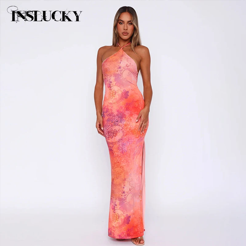 InsLucky Vintage Print Halter Backless Beach Dress For Women Sleeveless Slim Bodycon Floor-Length Dresses Bohemian Partywear