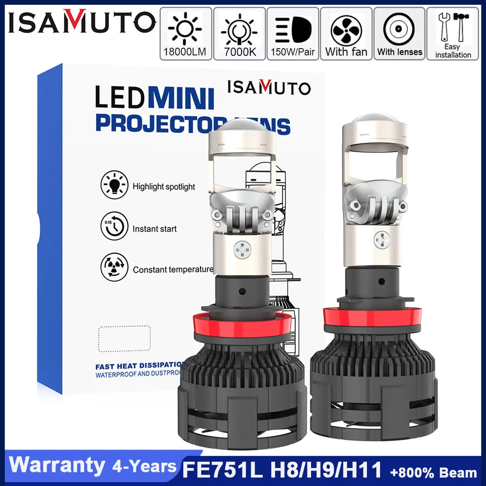

ISAMUTO FE751L LED H8 H9 H11 PGJ19-2 Headlight With Lens Fan 12-35V 130W 7000K 18000LM White Car Bulb +800% Brightness (Pair)