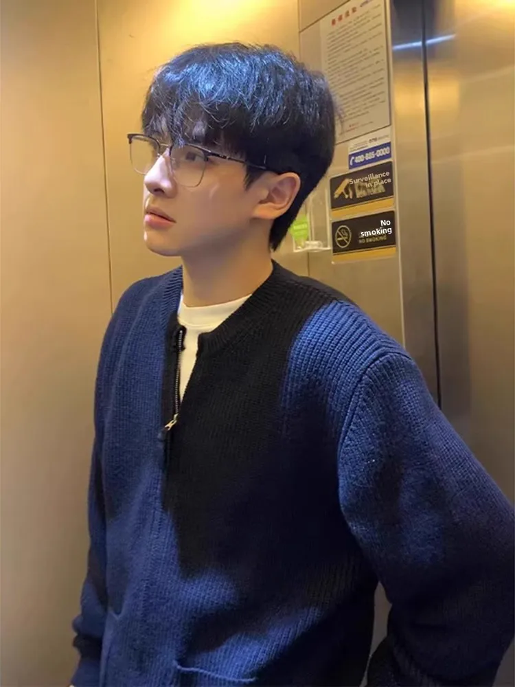 

Мужской вязаный кардиган свободного кроя с V-образным вырезом, синий, повседневный, зимний, с длинными рукавами, из полиэстера, модный