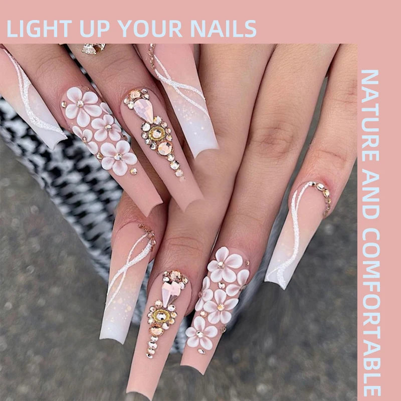 

Pink And White Small Flower Handmade Press on Nails Gradient Hand-Painted Sunflower Broken Diamond Ultra Long Ballet Nail Art