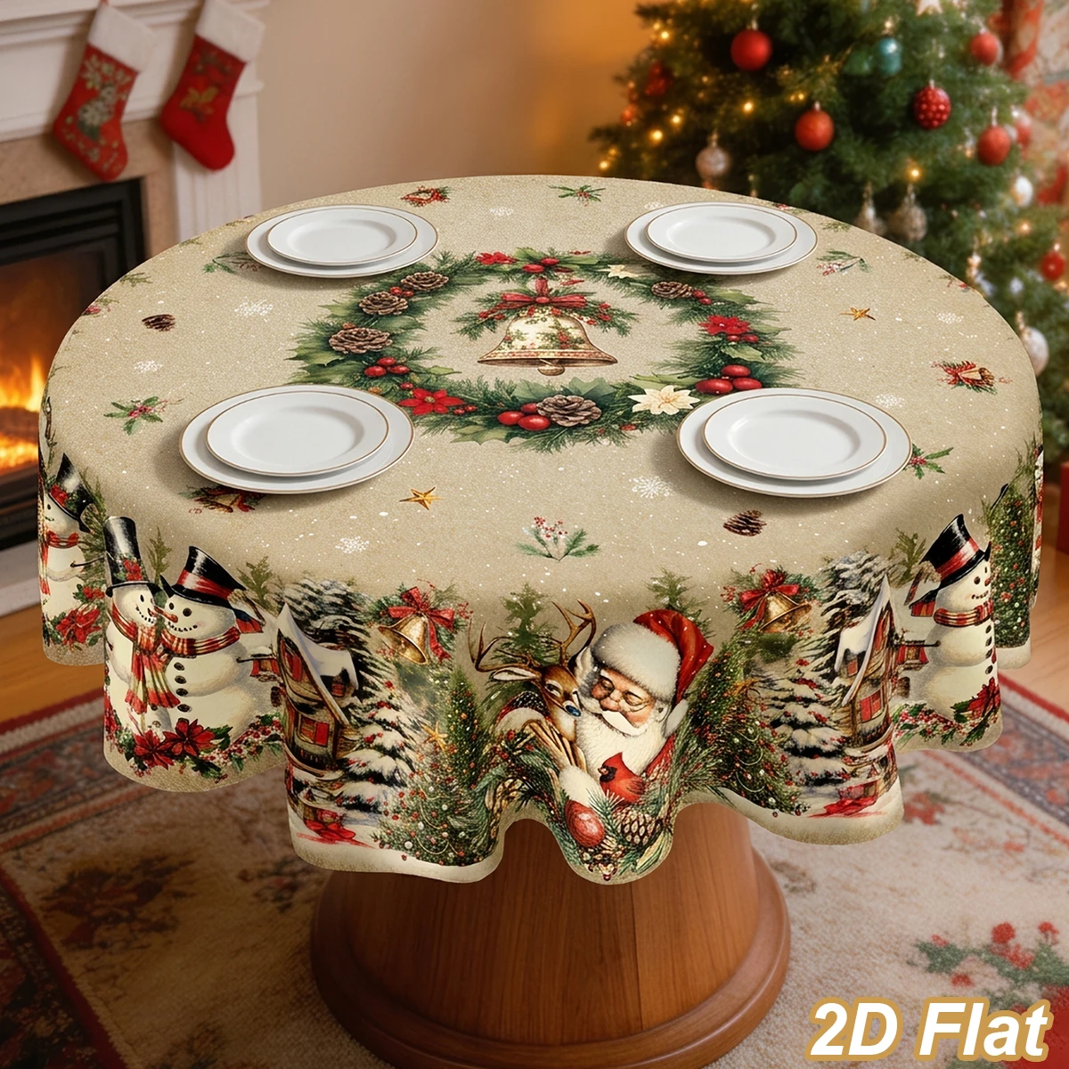 Santa Claus Round Tablecloth Merry Christmas Decorations for Home 2026 Xmas Wreath Dining Table Cover Navidad Noel New Year 2027