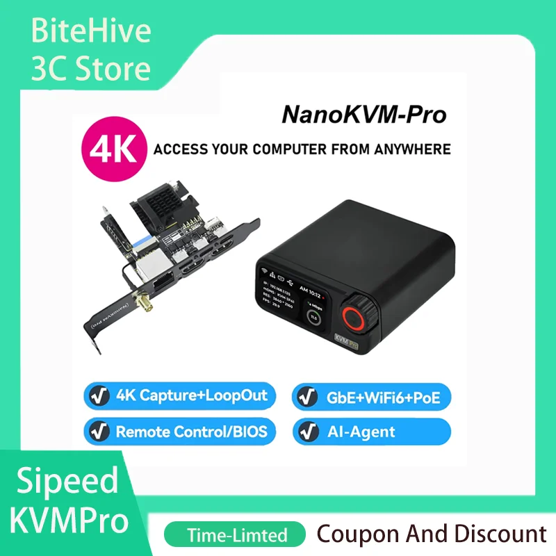 Sipeed KVMPro NanoKVM-Pro 4K IP-KVM GbE WiFi6 USB-C 2 Channels 32G eMMC for Server/NAS Remote Management Capture Remote Control