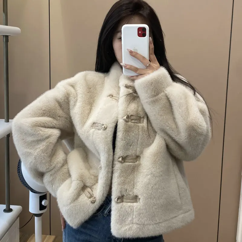 Luxury High-end Faux Mink Fur Jacket Winter Warm Chic Fur Coat Women Single-breasted Long Sleeve Tops Soft Women's Clothes Trend