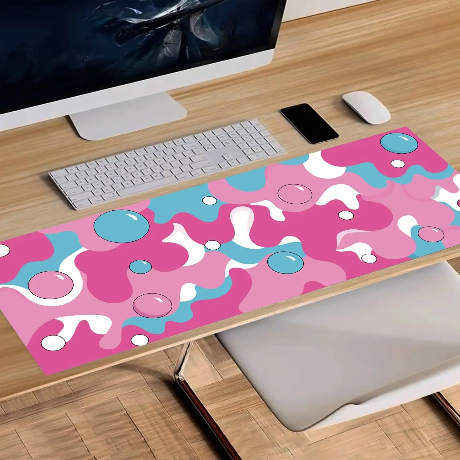 XXL Różowo-biała podkładka pod mysz Bubble Geometryczna gumowa antypoślizgowa szyta krawędź Trwała, zmywalna podkładka pod klawiaturę komputerową odpowiednia dla graczy