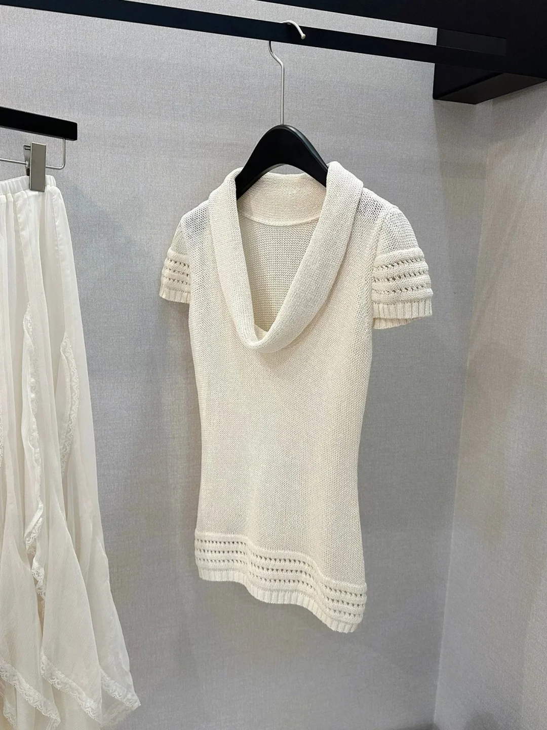 

Soft Knitted White Hollow out T-Shirt Women's Summer Design Sensation Flying Sleeve Straight Tube Korean Style Short Sleeve Top