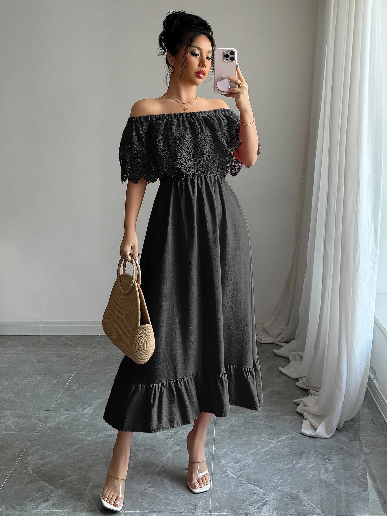 

Women's Dress Best Seller 3 Colors Available Off Shoulder Lace Ruffle Short Sleeve Midi Dress Casual Vacation Party Guest Dress