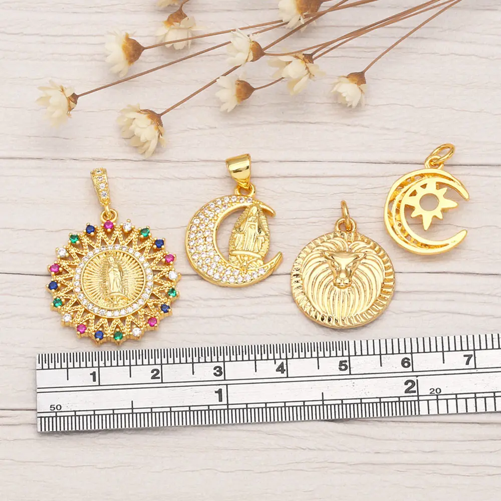 OCESRIO Colorful CZ Virgin Mary Necklace Pendant Copper Genuine Gold Plated Moon Sun Lion Jewelry Making Craft Wholesale pdta846