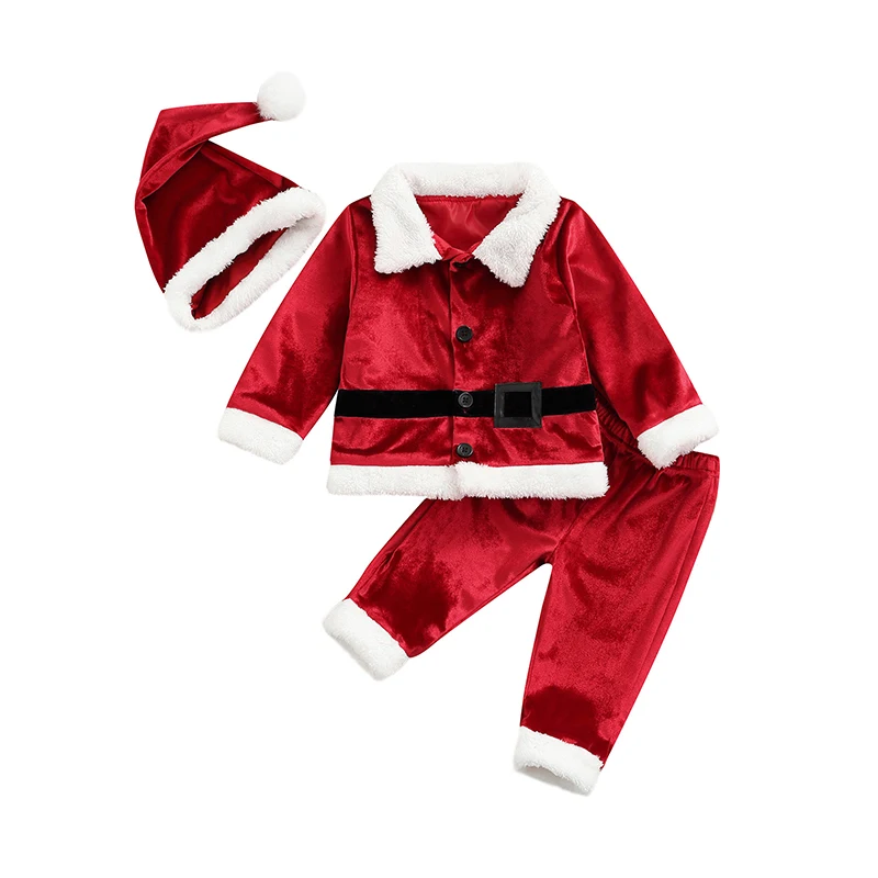 Toddler Baby Boys Girls Santa Costume Velvet Long Sleeve Christmas Jacket + Long Pants +Xmas Hat 3pcs Sets