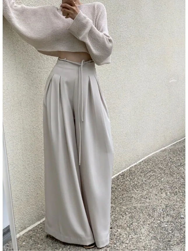 High Waist Draped Wide Leg Pants Korean Style Drawstring Casual Floor Length Trousers for Women Spring Autumn Winter