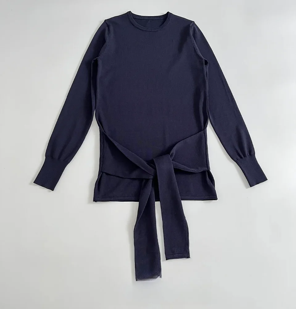 

KONDALA элегантный женский тонкий свитер с узлом на талии, пуловер с круглым вырезом, вязаные топы, весна-осень 2021, модный простой повседневный женский свитер