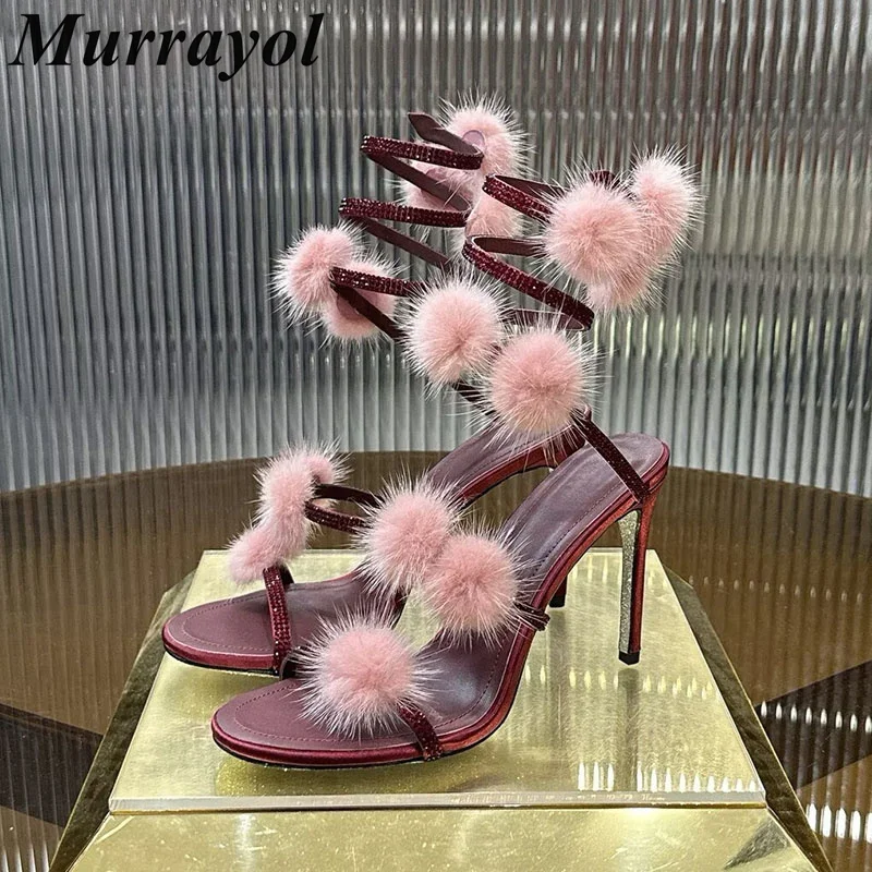Sandalias Pom-Pom Bling Rhinestone Thin High Heels Women Ankle Snake Shaped Strap Gladiator Sandals Summer Party Dress Shoes